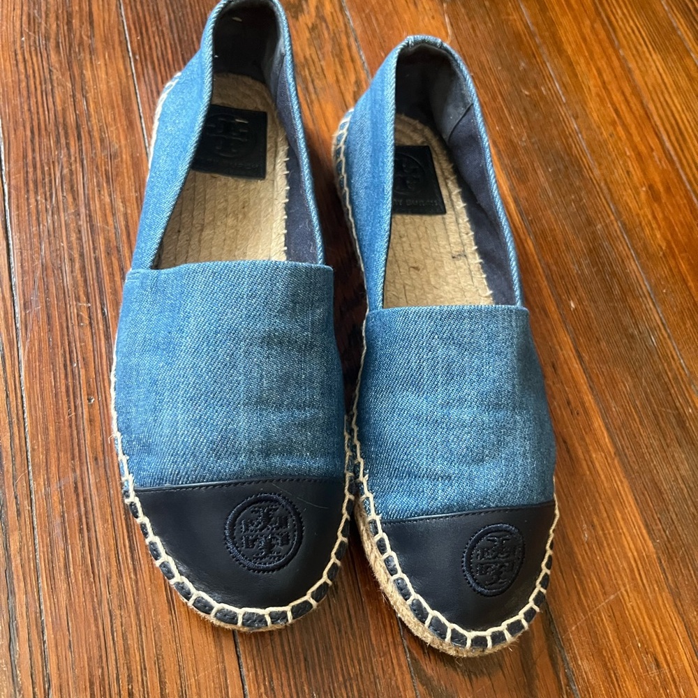 Tory Burch Blue Denim & Black Leather Espadrilles